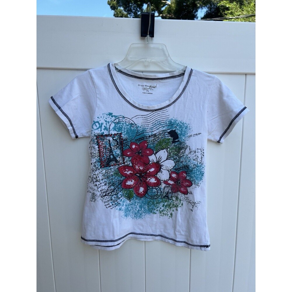 Allyson Whitmore Weekend Petite Top Paris Design Embellished Short Sleeve Sz PS